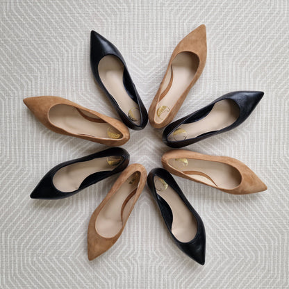Pointed toe petite ballerina shoes in tan and black leather