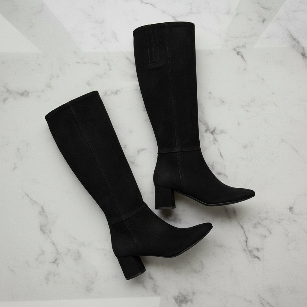 Pair of black suede knee-high boots on a marble surface