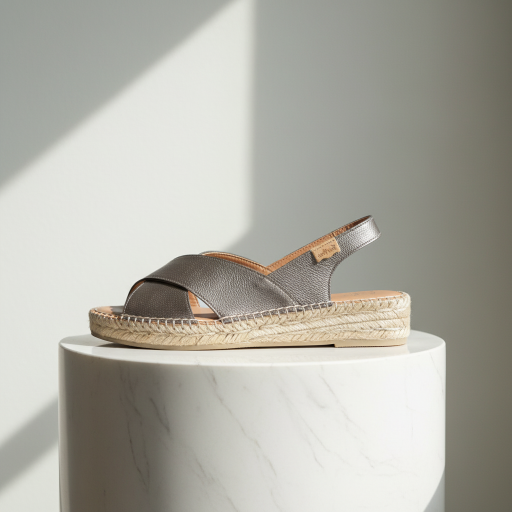 Bronze sandal on a white marble block with a light grey background