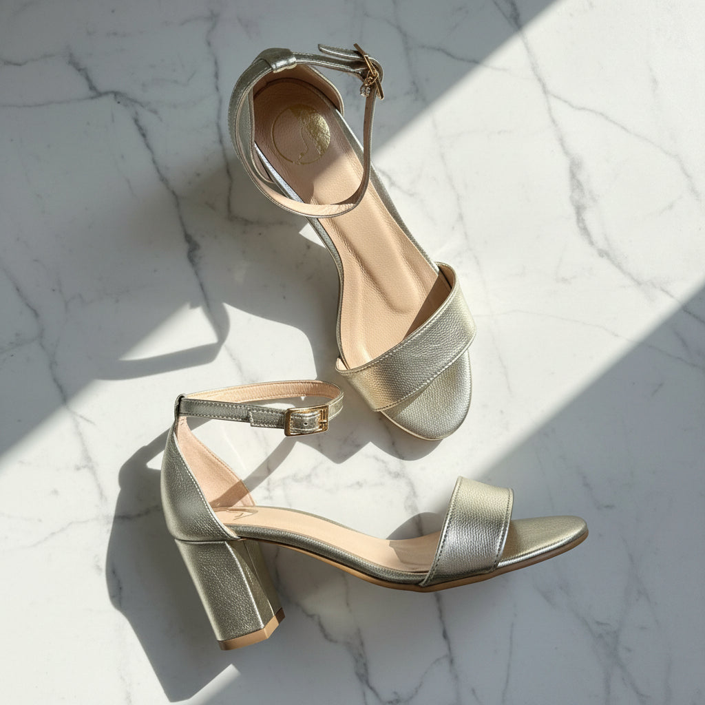 Pair of metallic high-heeled sandals on a marble surface