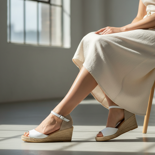 White wedge sandal with jute sole on a white background