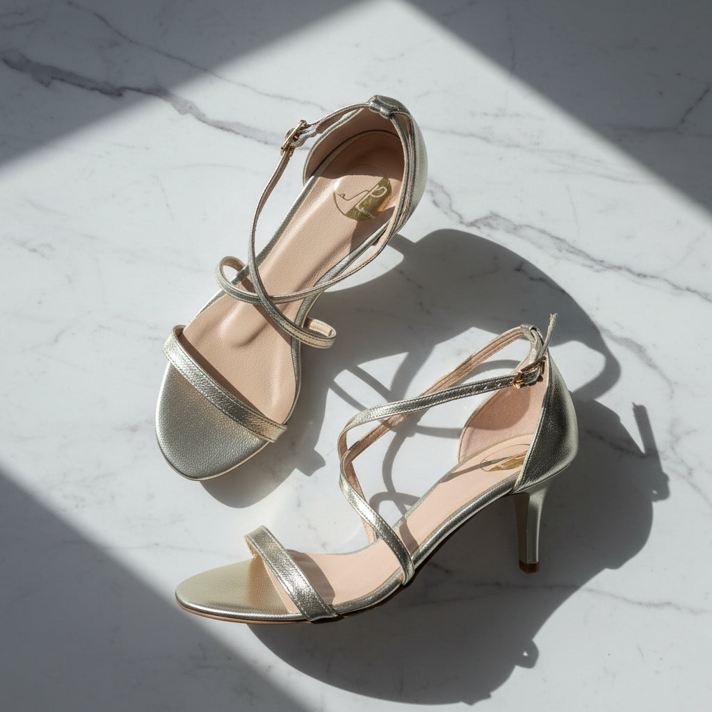 Pair of gold high-heeled sandals on a marble surface