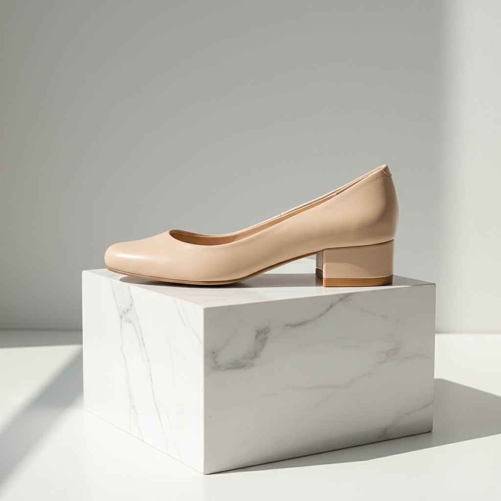 Beige leather petite pump heels on a marble stand.