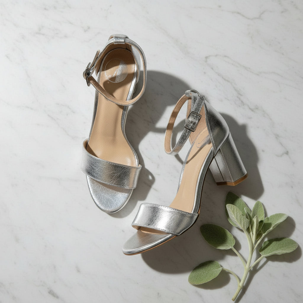 Pair of silver high-heeled sandals on a dark surface