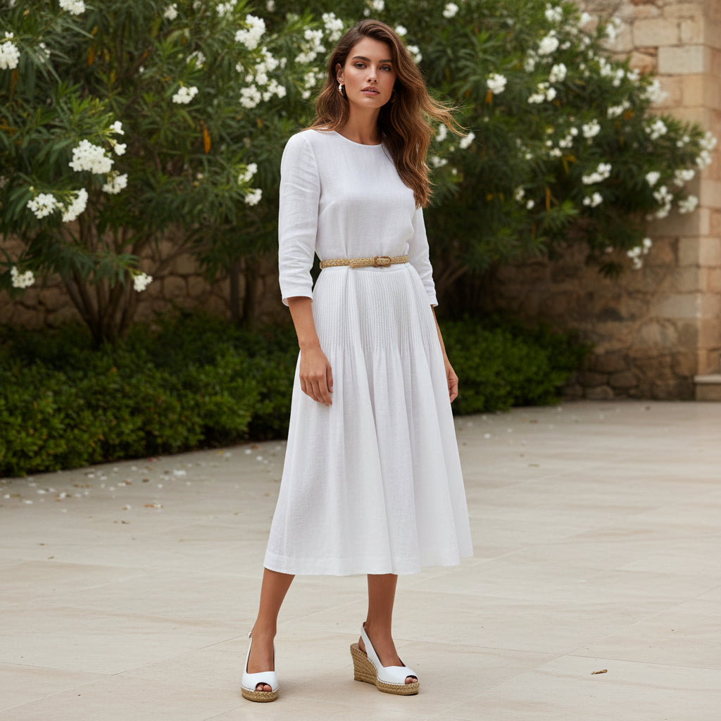 White wedge sandals with jute sole on a dark surface