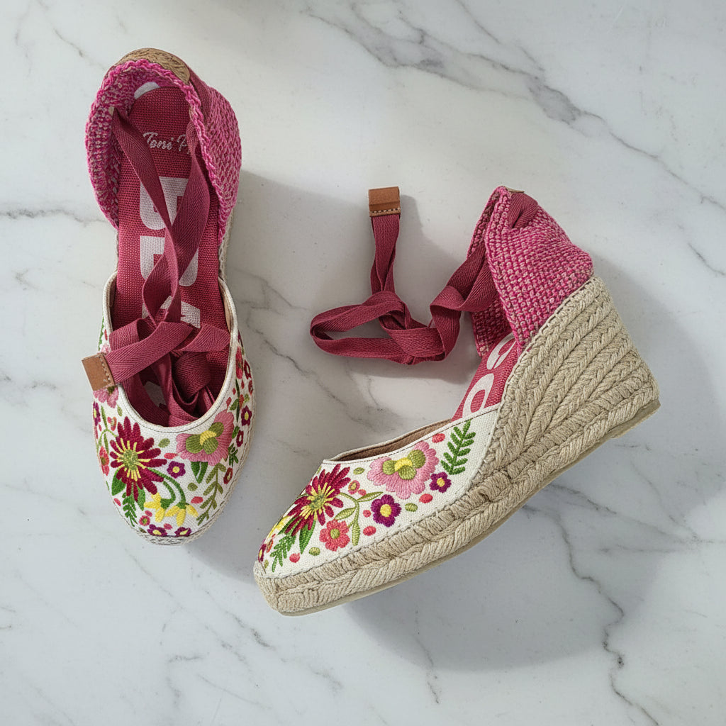 Pair of floral wedge sandals on a marble surface