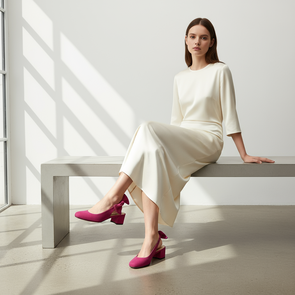 Model wearing white silk dress and contrasting pink suede slingback heels.