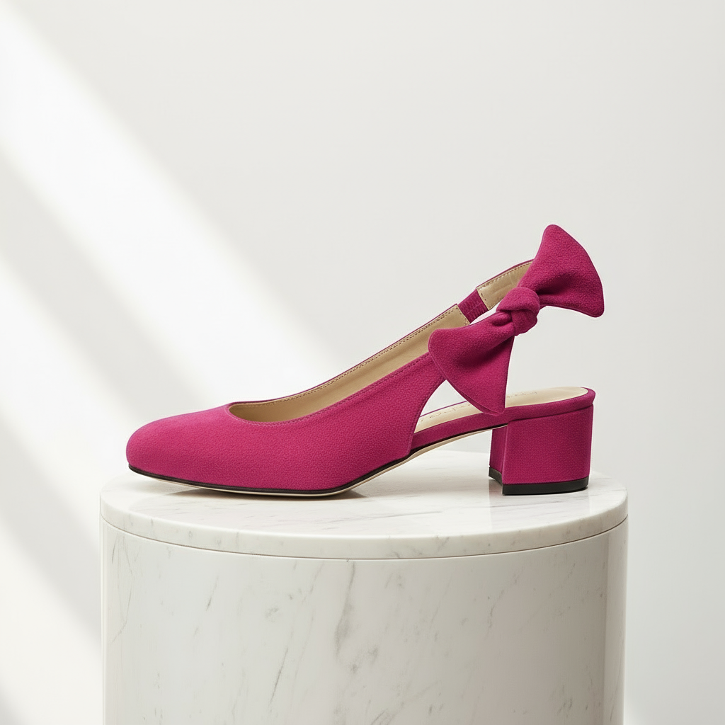 Pink suede mid heel bow slingback set on a marble stand.