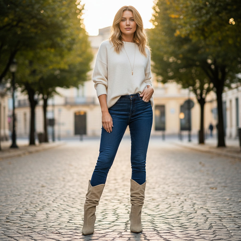Beige high-heeled boots worn by a model in the city.