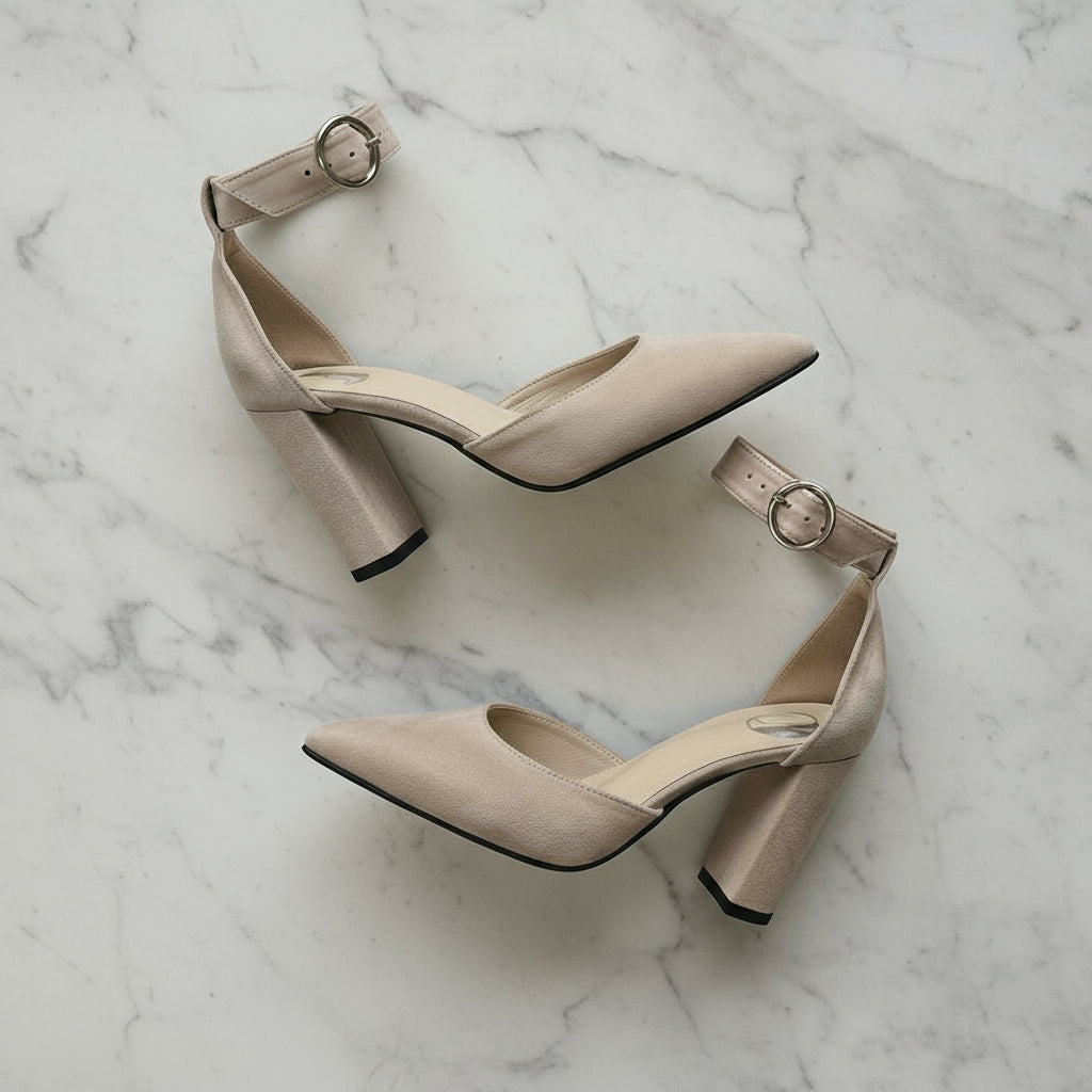 Pair of beige high-heeled shoes with ankle straps on a marble surface