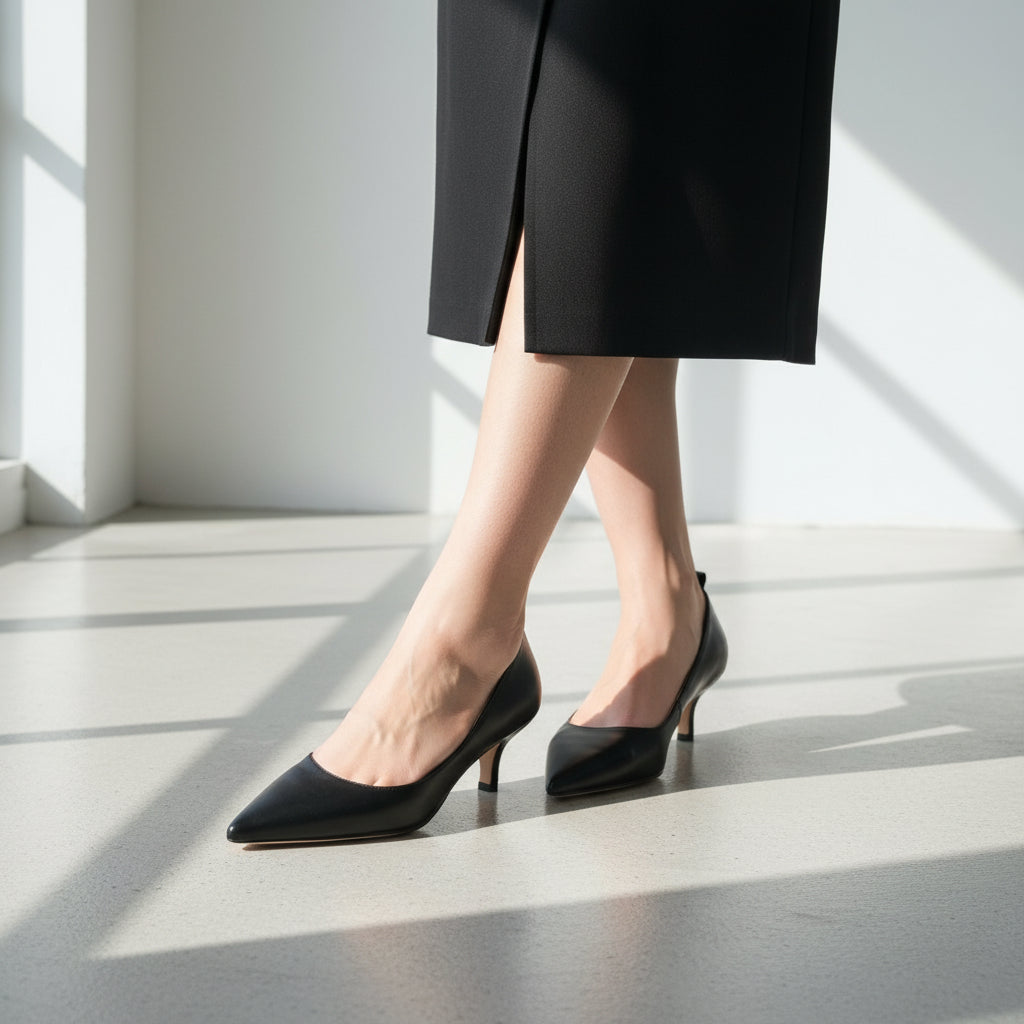 Person wearing black high-heeled shoes and black pants in a bright room.