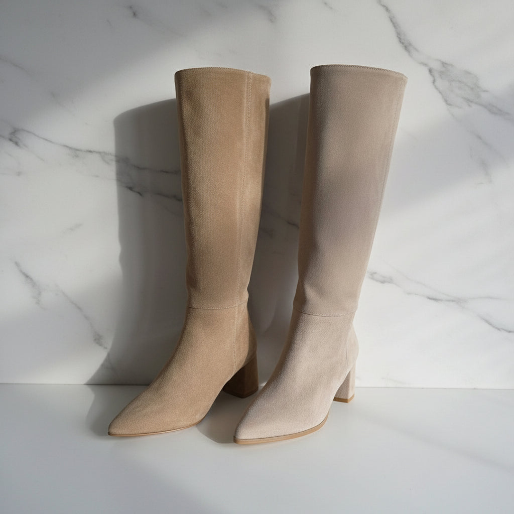 Pair of beige knee-high boots on a marble background