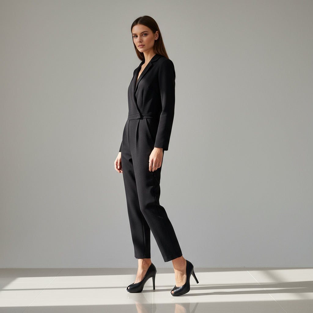 Woman wearing a black suit standing against a gray background