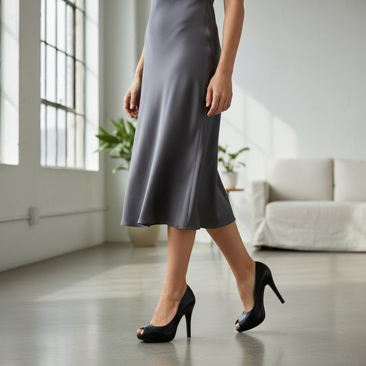 Person wearing a gray dress and black high heels in a bright room with white furniture.