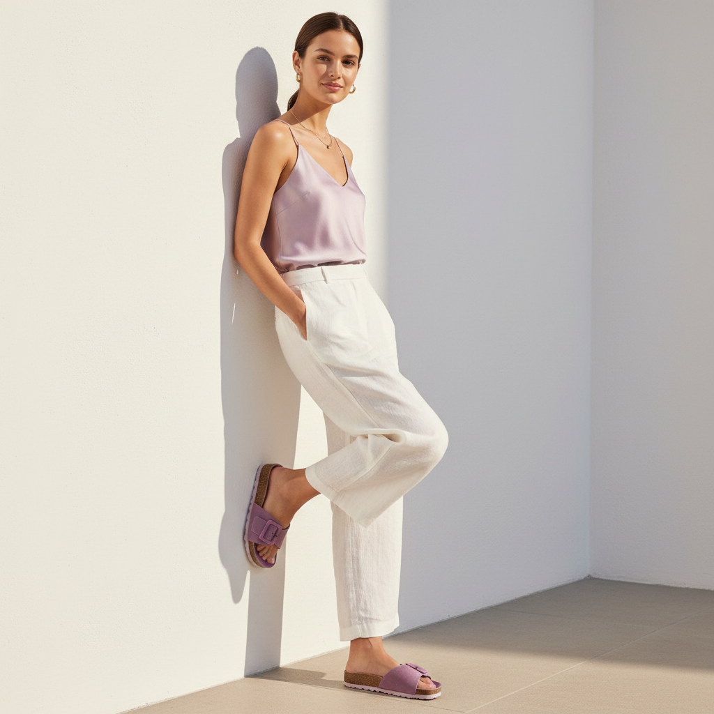 A woman leans against a white wall in a minimalist room, wearing a light lavender camisole, white wide-leg trousers, and lavender slide sandals.