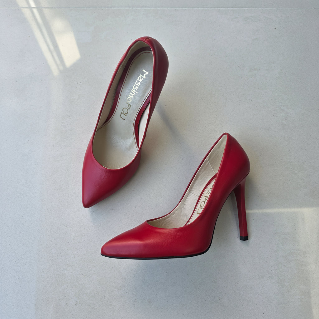 Top view of FELICIA red leather pointed toe stiletto heels with cushioned insoles