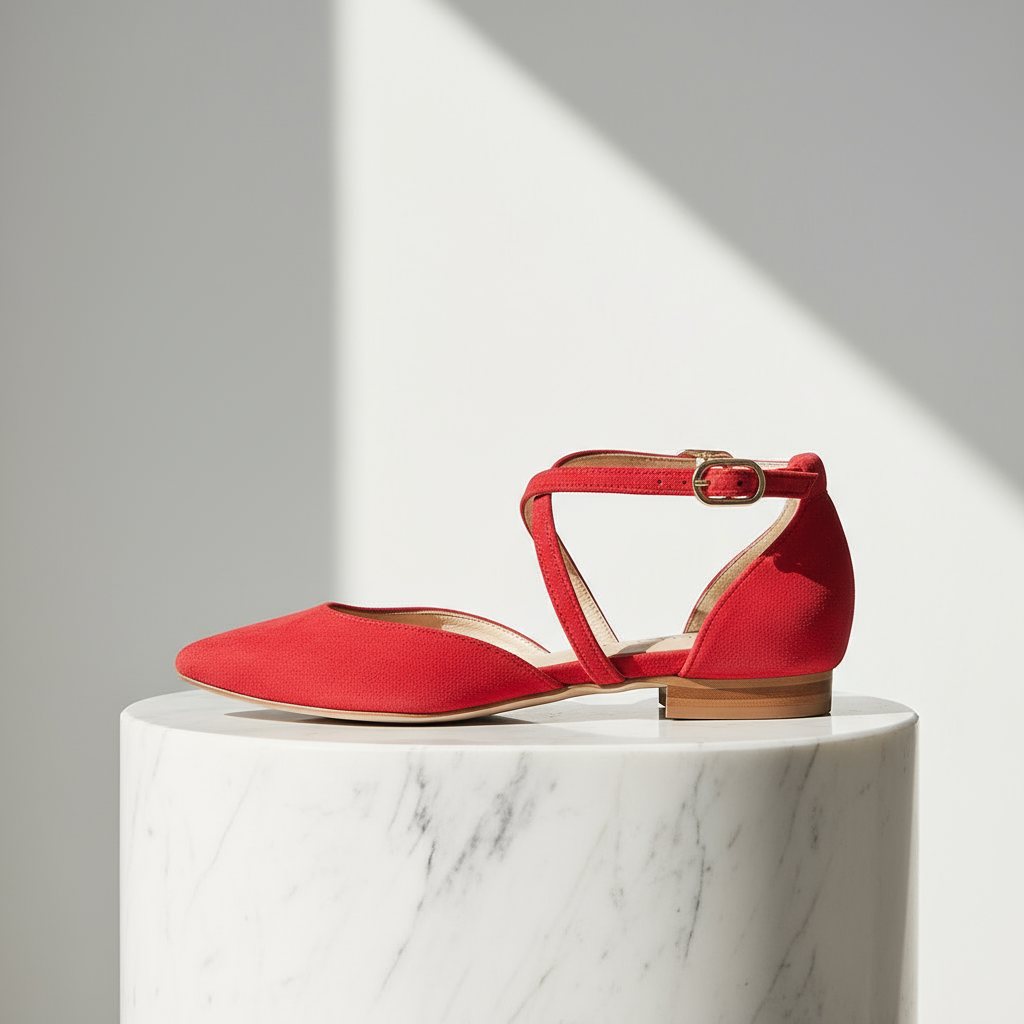 Red suede pointed toe petite heels with crisscross ankle straps on woven surface under sunlight patterns