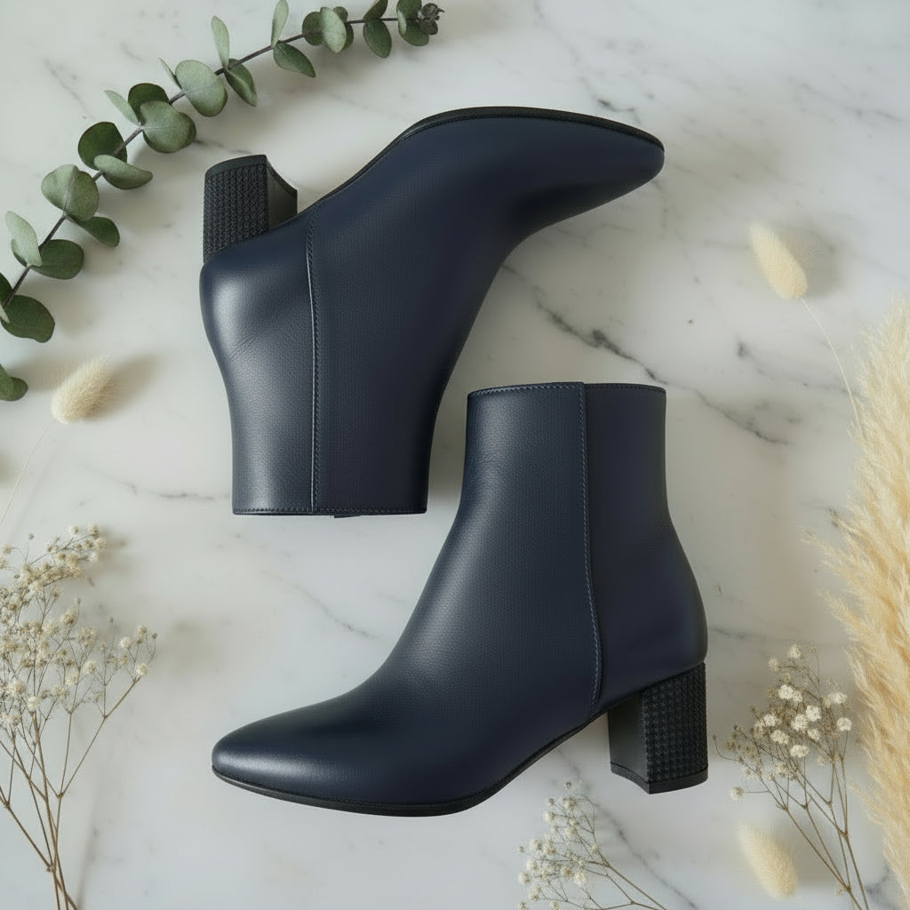 Top view of REGINA navy leather ankle boots with pointed toe and side zip.