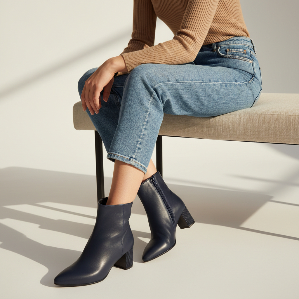 A model sits on a beige bench wearing navy blue leather ankle boots with block heels, paired with light blue jeans and a beige ribbed long-sleeve top, in a brightly lit studio setting.