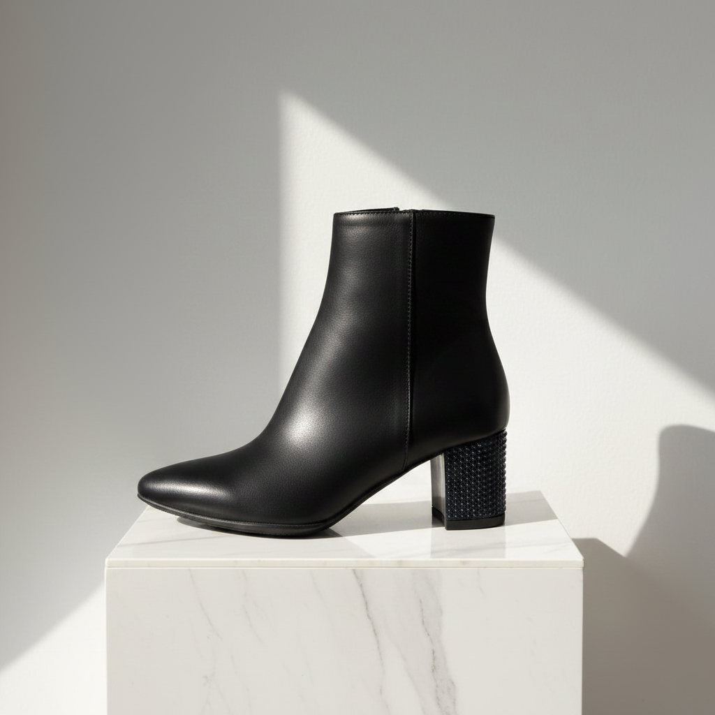 A single black leather ankle boot with a pointed toe and a textured block heel, displayed on a white marble pedestal against a gray wall with dramatic diagonal sunlight and shadows.