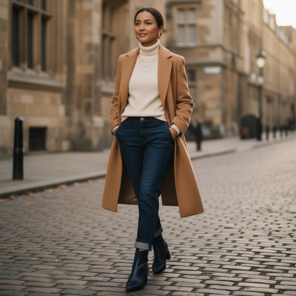 A woman walking on a cobblestone street wearing a camel mid-length coat over a cream turtleneck, dark blue jeans, and navy ankle boots.