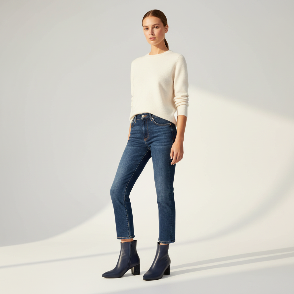 A model stands in a studio wearing a cream knit sweater, dark blue skinny jeans, and navy heeled ankle boots against a light gray background with soft shadows.
