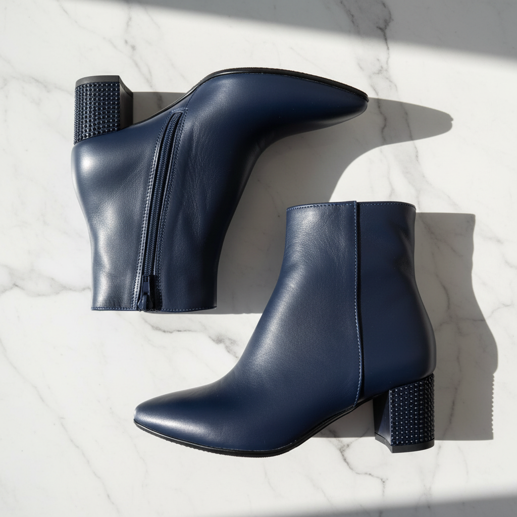 A pair of navy blue leather ankle boots with pointed toes, side zippers, and studded block heels, arranged on a white marble surface with diagonal shadows.