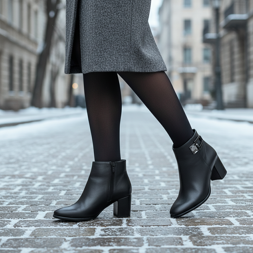 REMI black leather ankle boots with 5 cm block heel and side zip, petite-friendly city look.