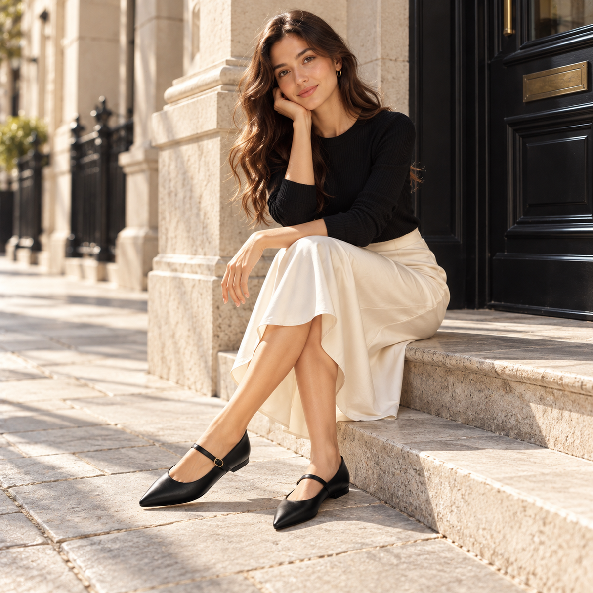 A woman sits on stone steps outside a building, wearing black Mary Jane flats, a black long-sleeve top, and a cream satin skirt.