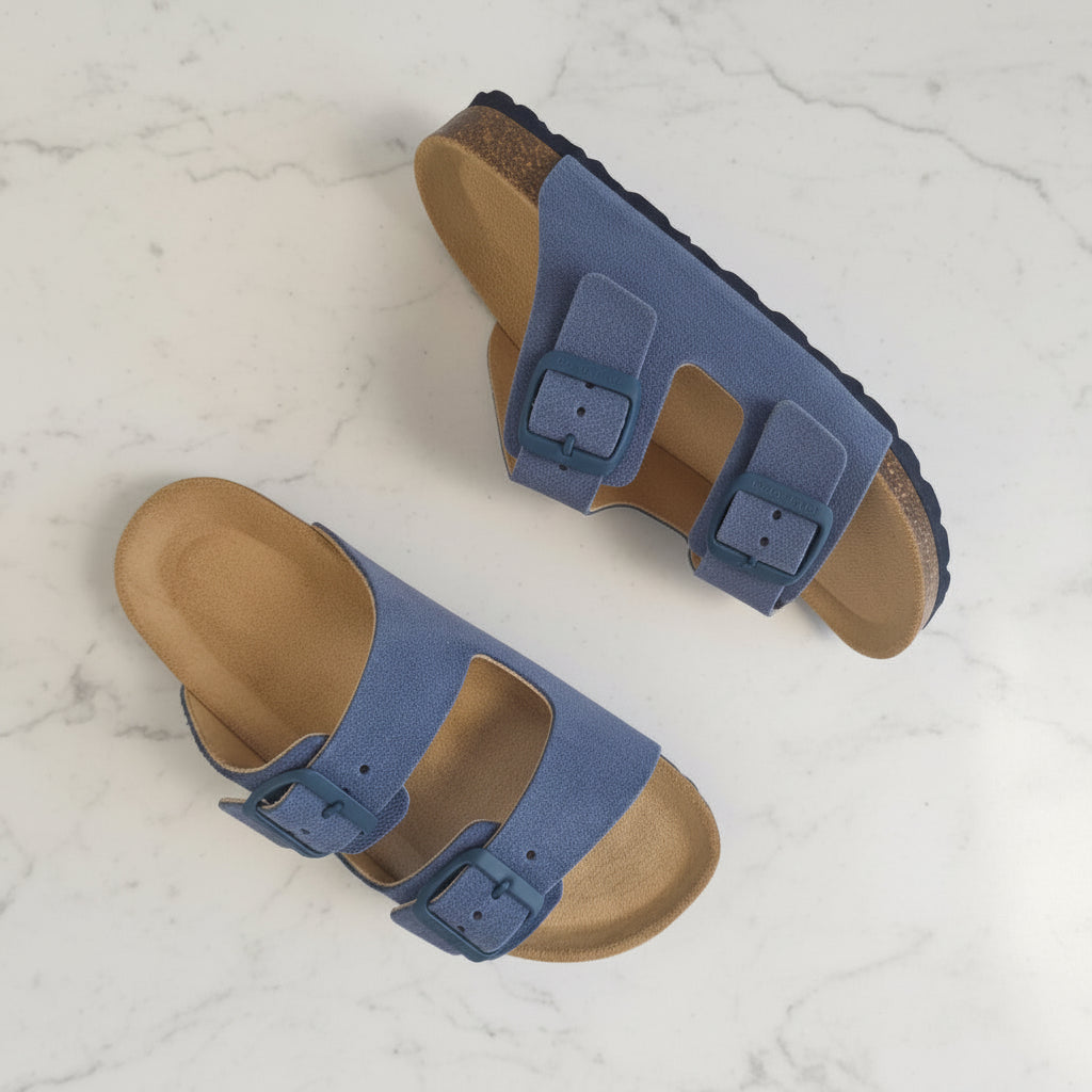 Pair of blue sandals with brown soles on a light gray background