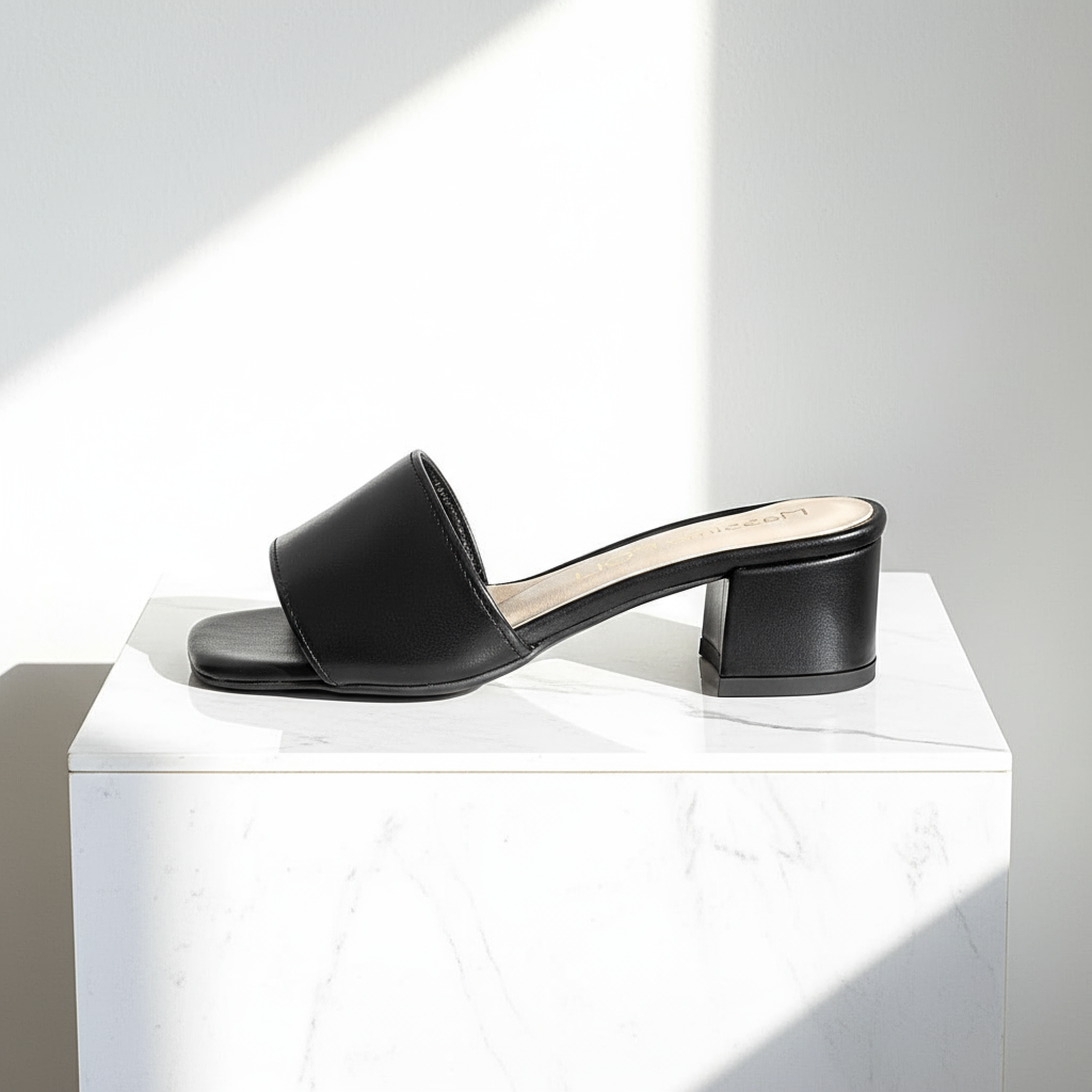 Pair of black leather ROBIN sandals with 4CM block heel on marble surface.