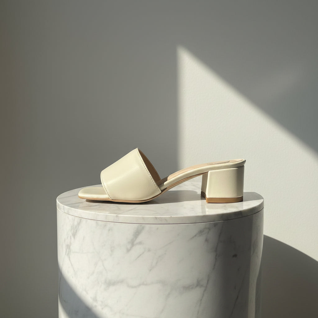 Beige sandal on a marble pedestal against a gray wall