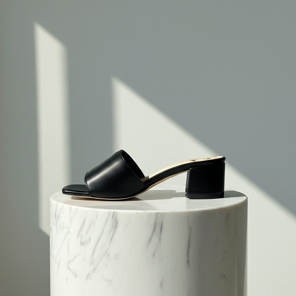 Close-up of black leather ROBIN sandals pair with 4CM block heel on marble surface.