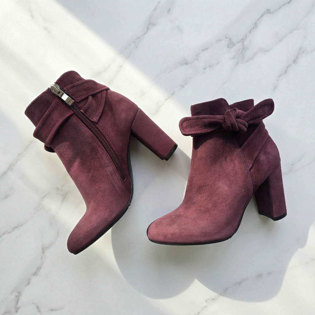 Pair of burgundy suede ankle boots featuring a knot bow and a high block heel resting on a marble floor.