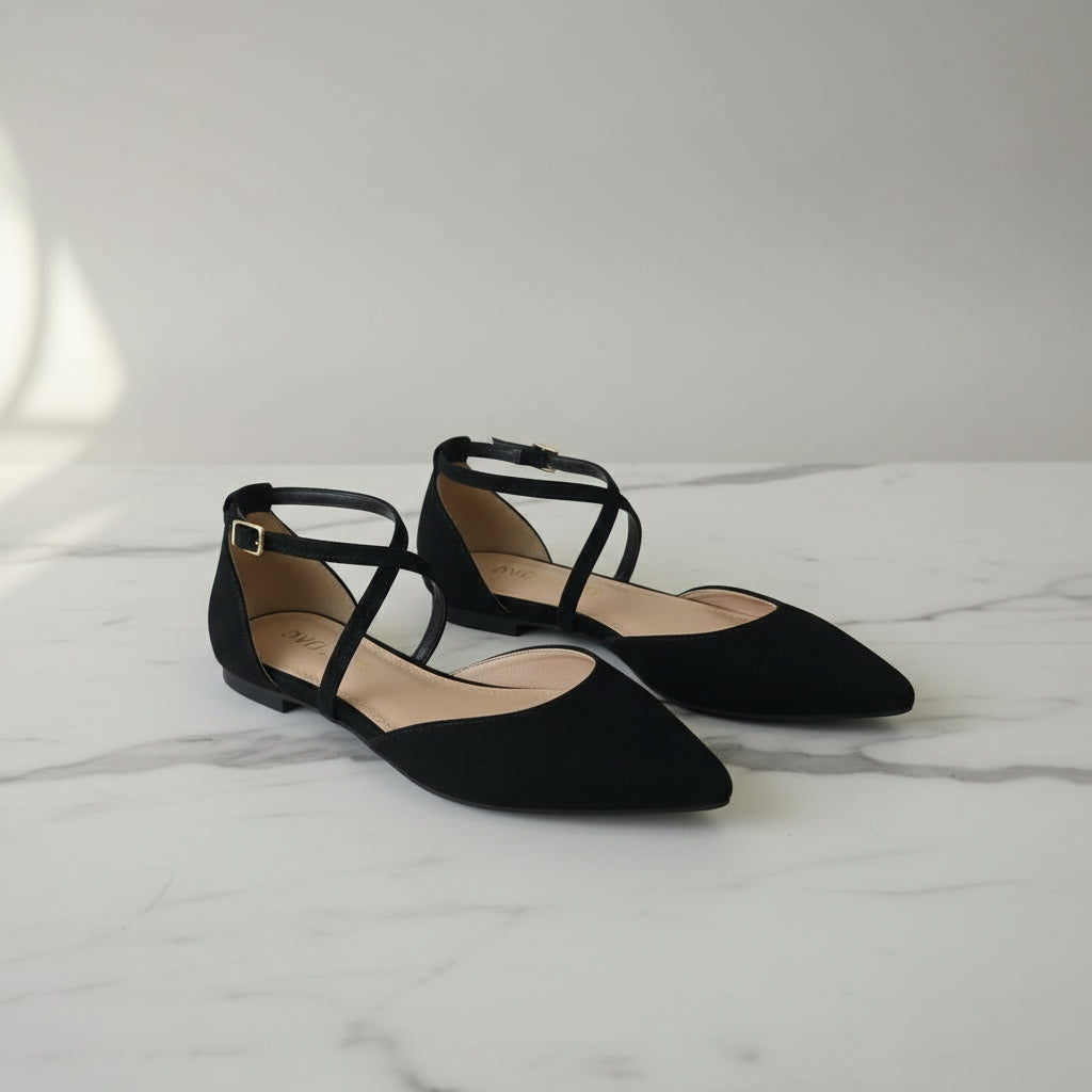 SALLY black suede petite shoes with cross straps and a 2cm heel, worn on petite feet