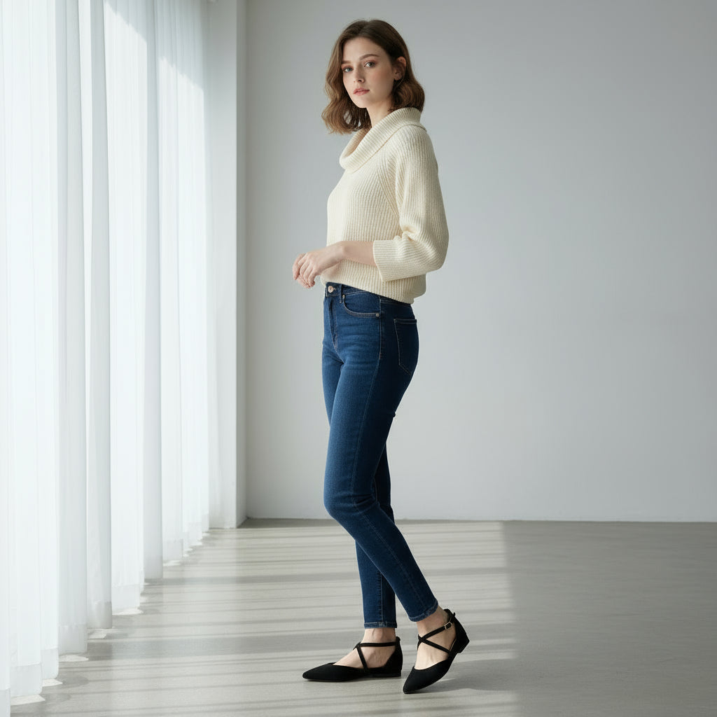 Top view of SALLY black suede petite flats with gold buckle and pointed toe design.