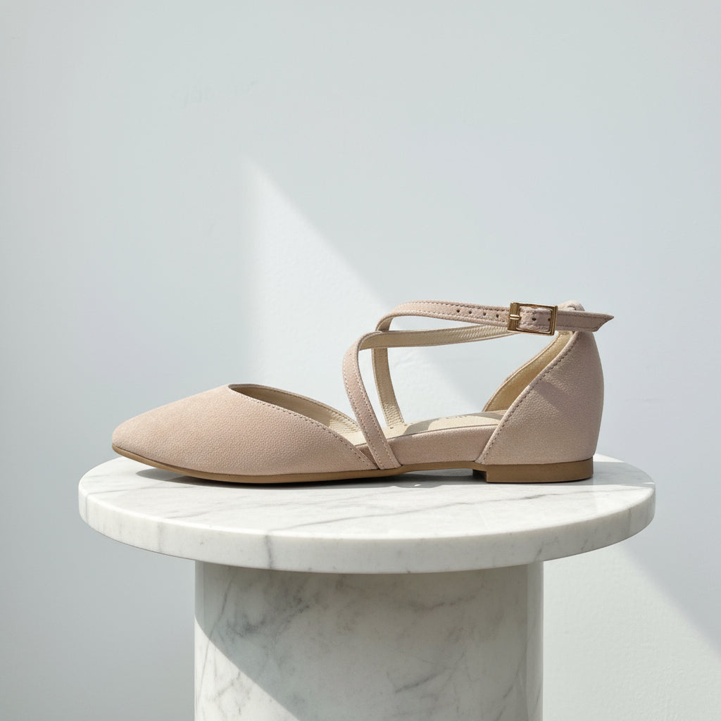 Side view of SALLY petite nude suede shoe with gold buckle and 2cm heel for small feet.