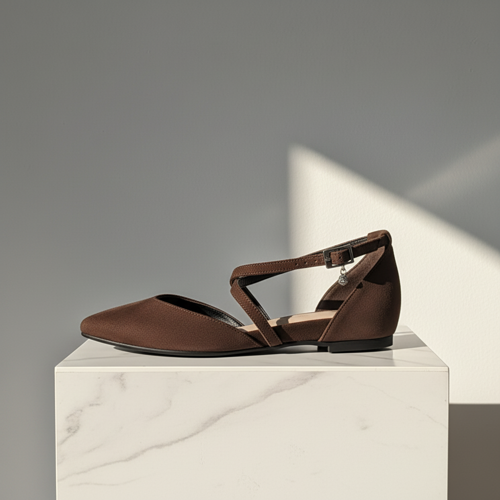 A single brown flat sandal with a pointed toe, T-strap design, and ankle buckle, displayed on a white marble pedestal against a gray background with a bright light shadow.