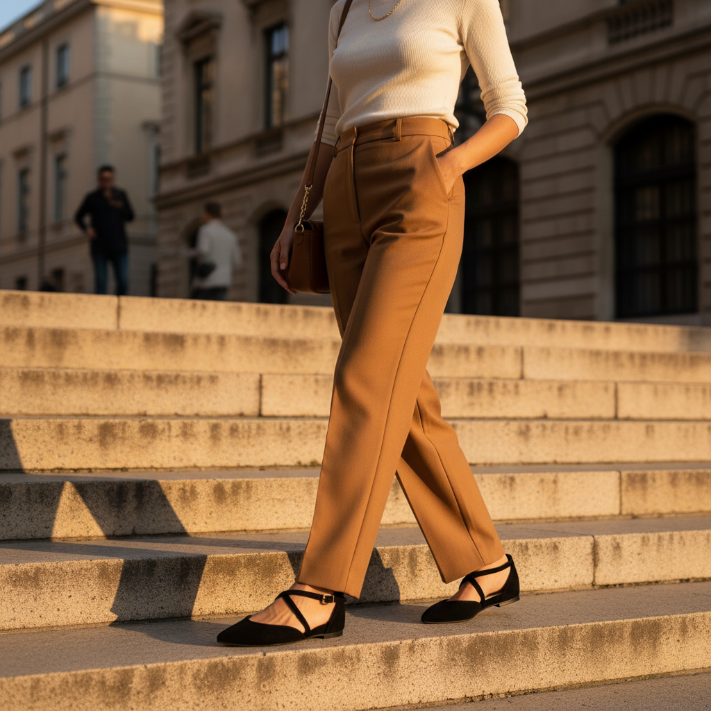 A woman walking down outdoor stone steps at sunset, wearing tan tailored trousers, a cream fitted top, black flats, and carrying a brown shoulder bag.