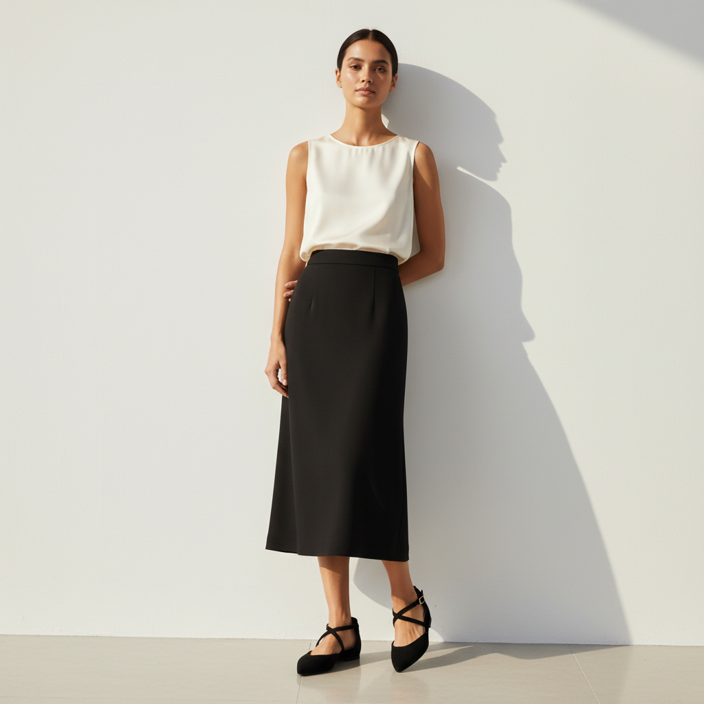 A model stands against a minimalist off-white wall wearing a sleeveless white top and a black midi skirt, paired with black strappy flats. The image is shot in bright natural light with a strong shadow cast on the wall.