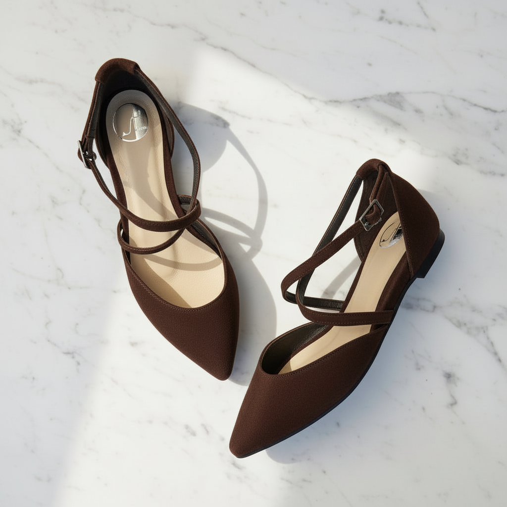 A pair of dark brown pointed-toe slingback flats with crisscross ankle straps and low block heels, displayed on a white marble surface with soft shadows.