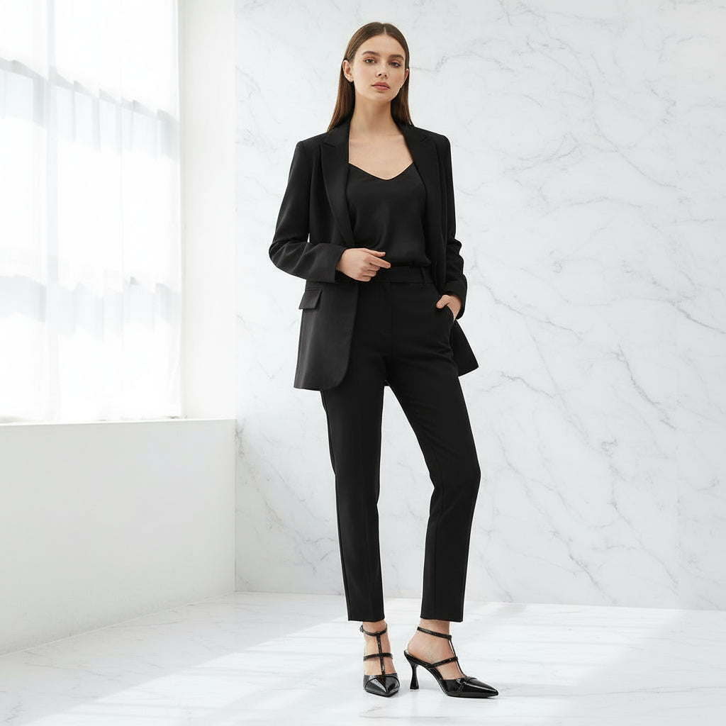 Model wearing all black tailored outfit and t strap patent leather kitten heels.