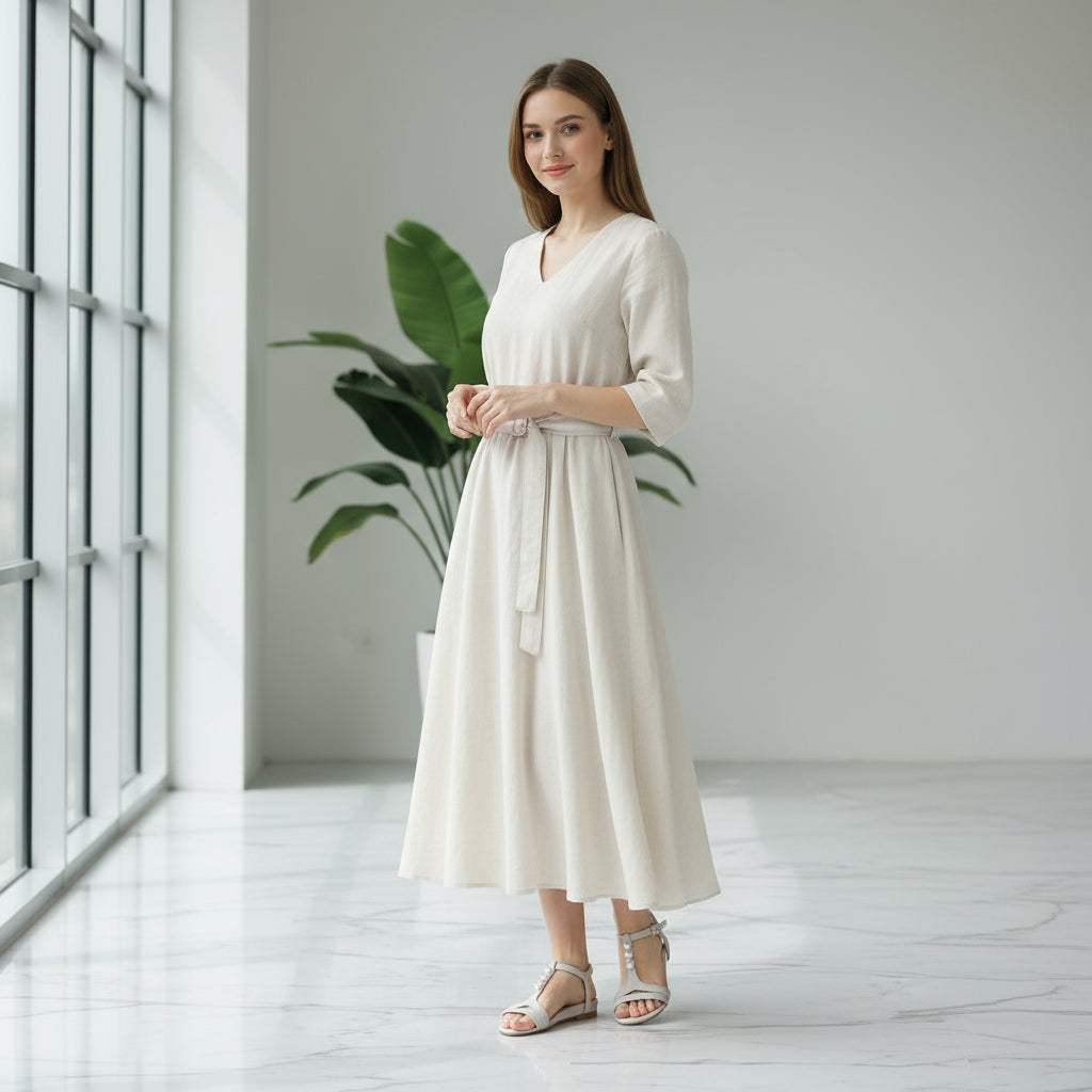 Woman wearing a white dress standing in a minimalistic room with a plant.