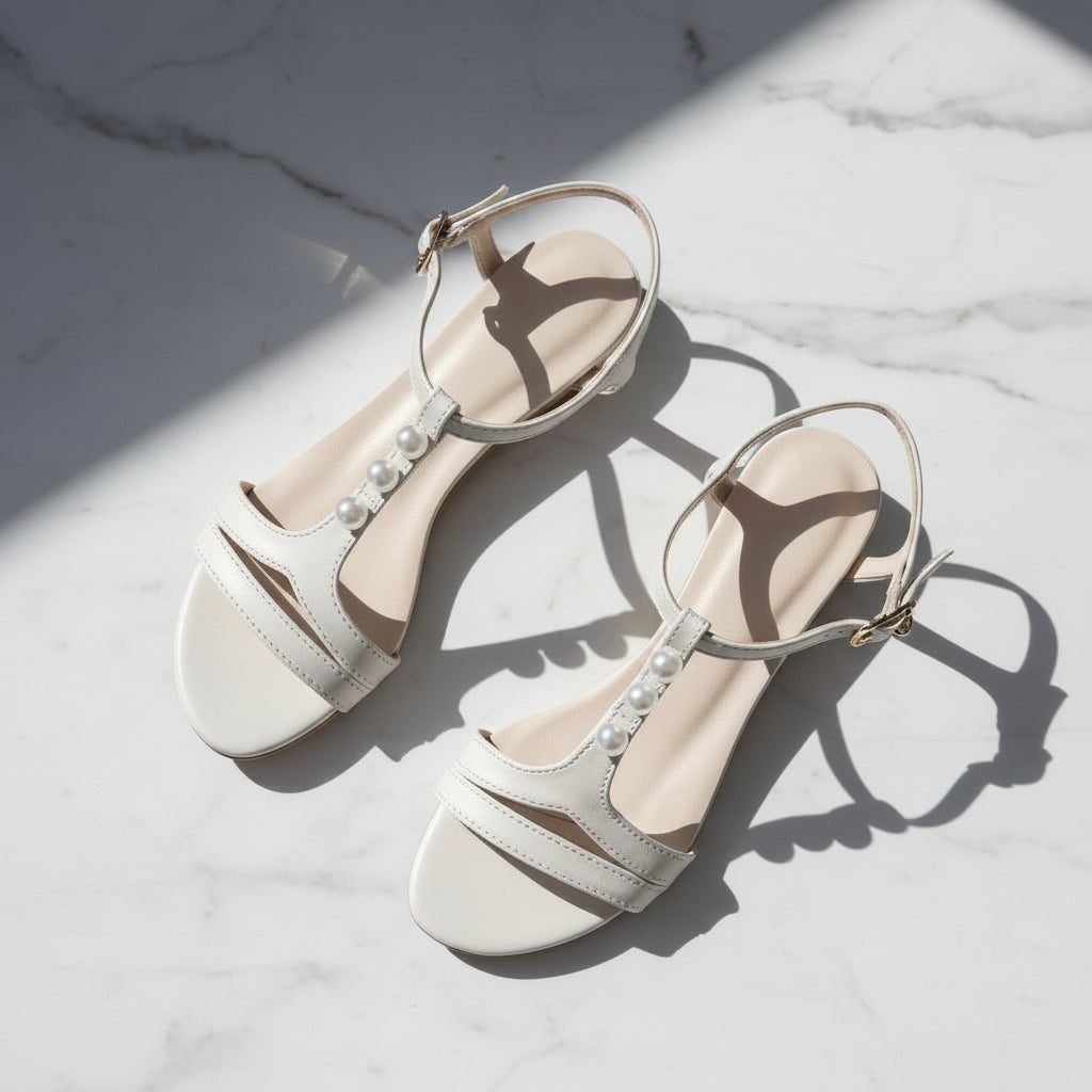 SANTI nude leather sandals with pearls on T-strap displayed on grid, low heel footwear for small sizes