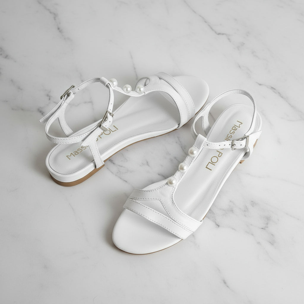 SANTI white leather sandals with pearl T-strap and 2cm heel on marble, perfect for petite feet
