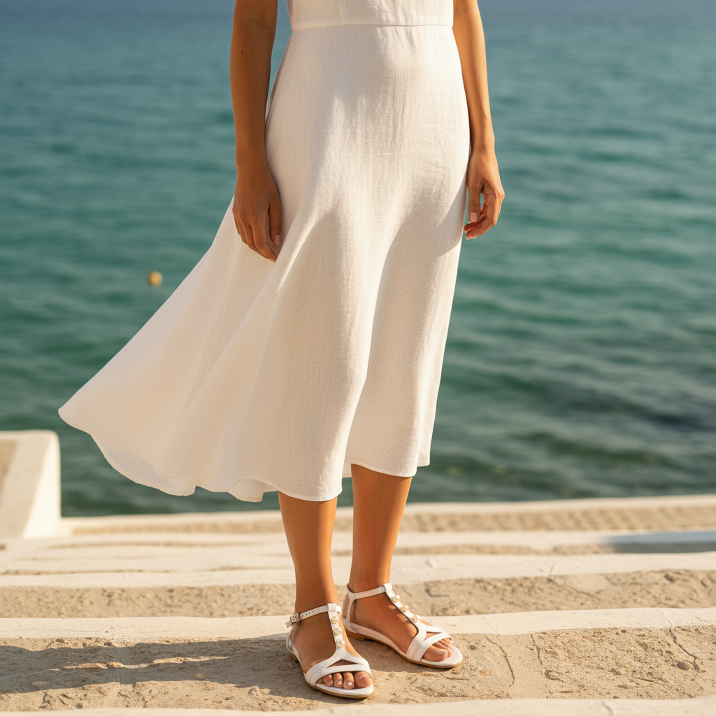 A woman wearing a flowing white midi skirt and white strappy sandals, standing on stone steps with a calm blue sea in the background.