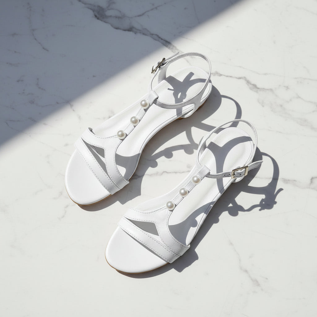 Pair of white sandals with pearl embellishments on a marble surface