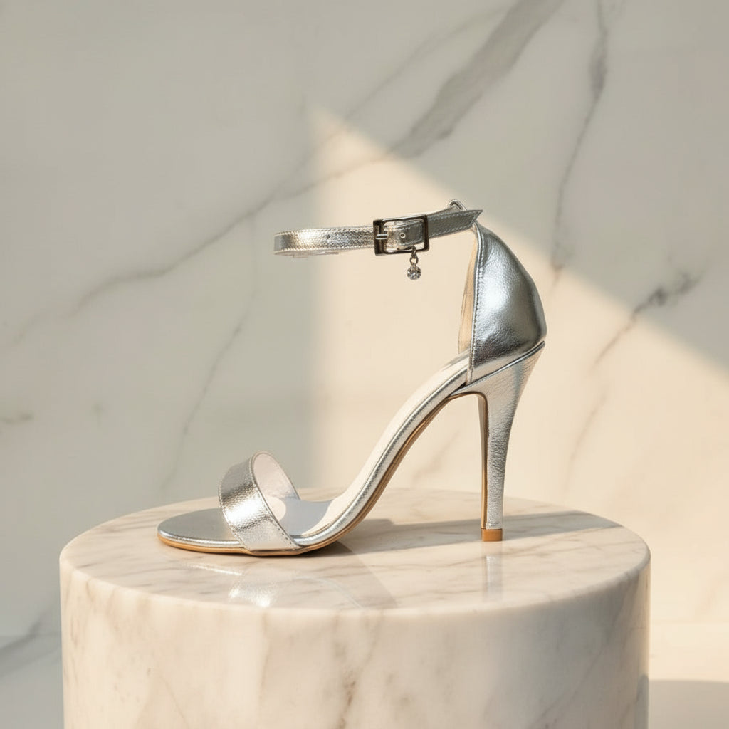 Silver high-heeled sandal on a marble surface with a plant in the background