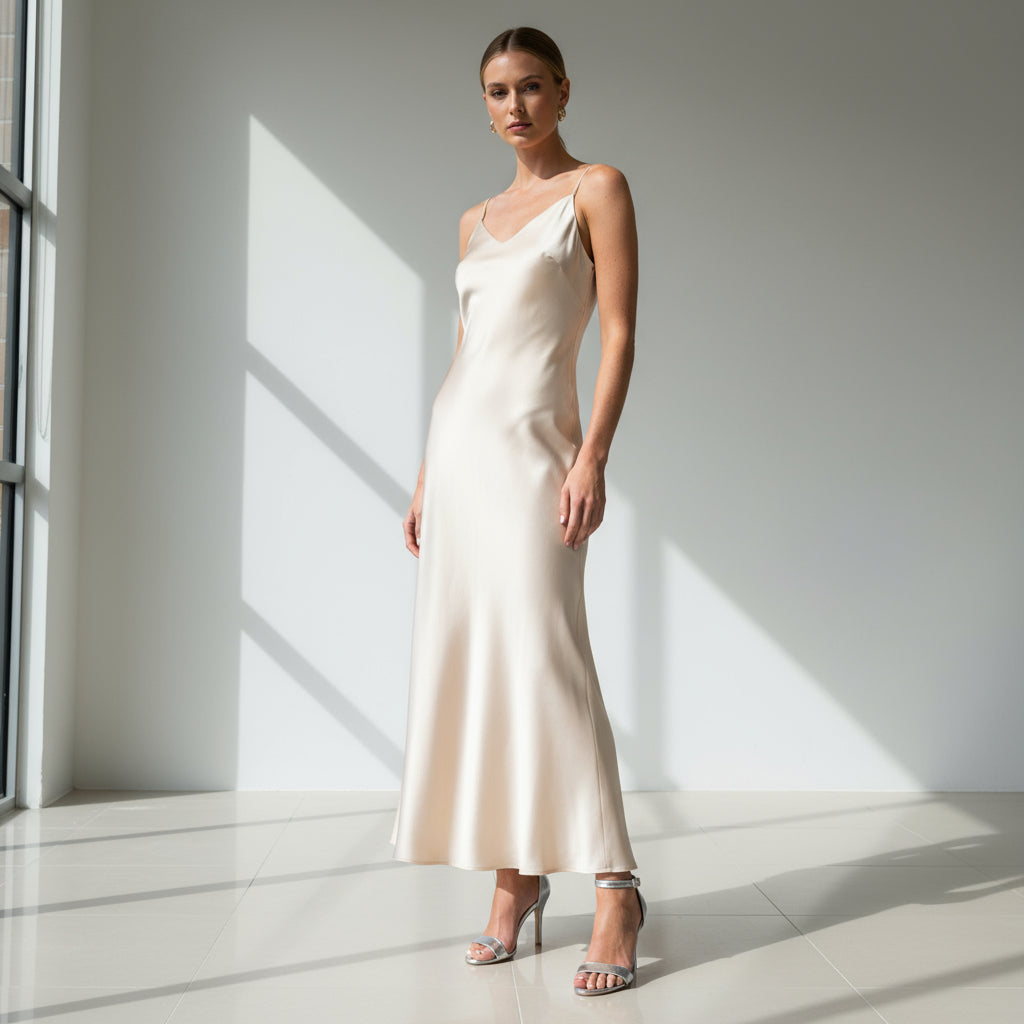 Silver high heel sandals worn on feet with ankle straps, crossed legs background plant.