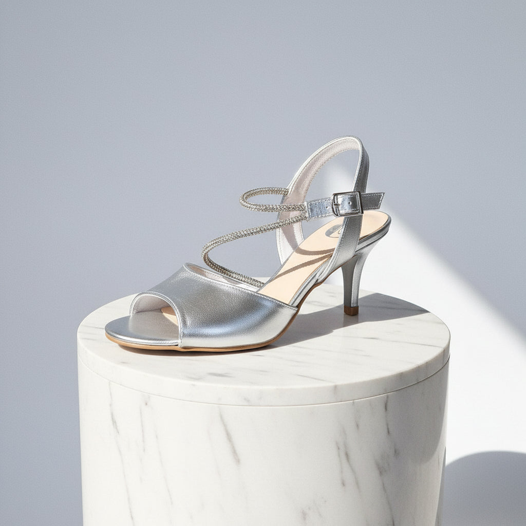 Silver leather high heel sandals with sparkling double ankle straps and buckle closure